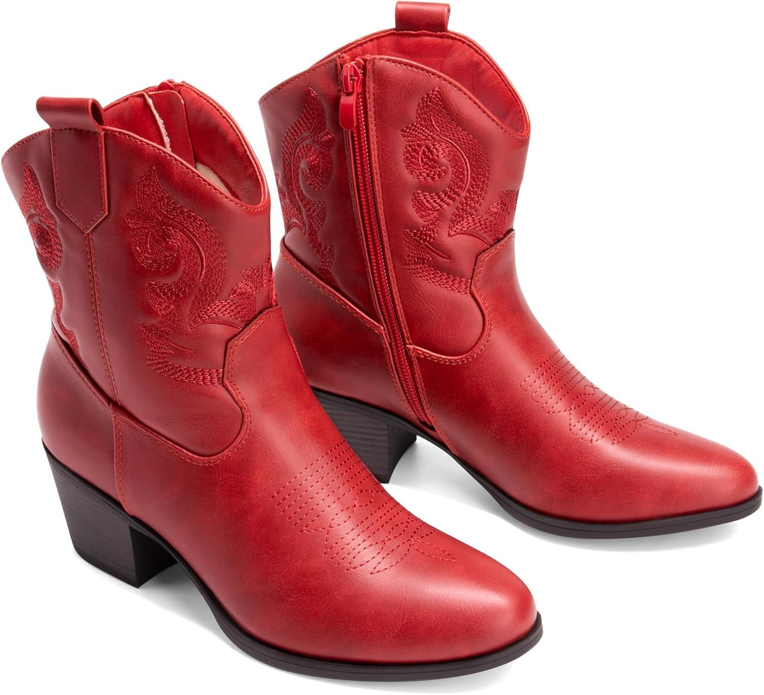 imageDREAM PAIRS Womens Western Cowboy Cowgirl Embroidered Ankle Boots Fashion Low chunky Heel Round Toe Fall Short Booties ShoesRed