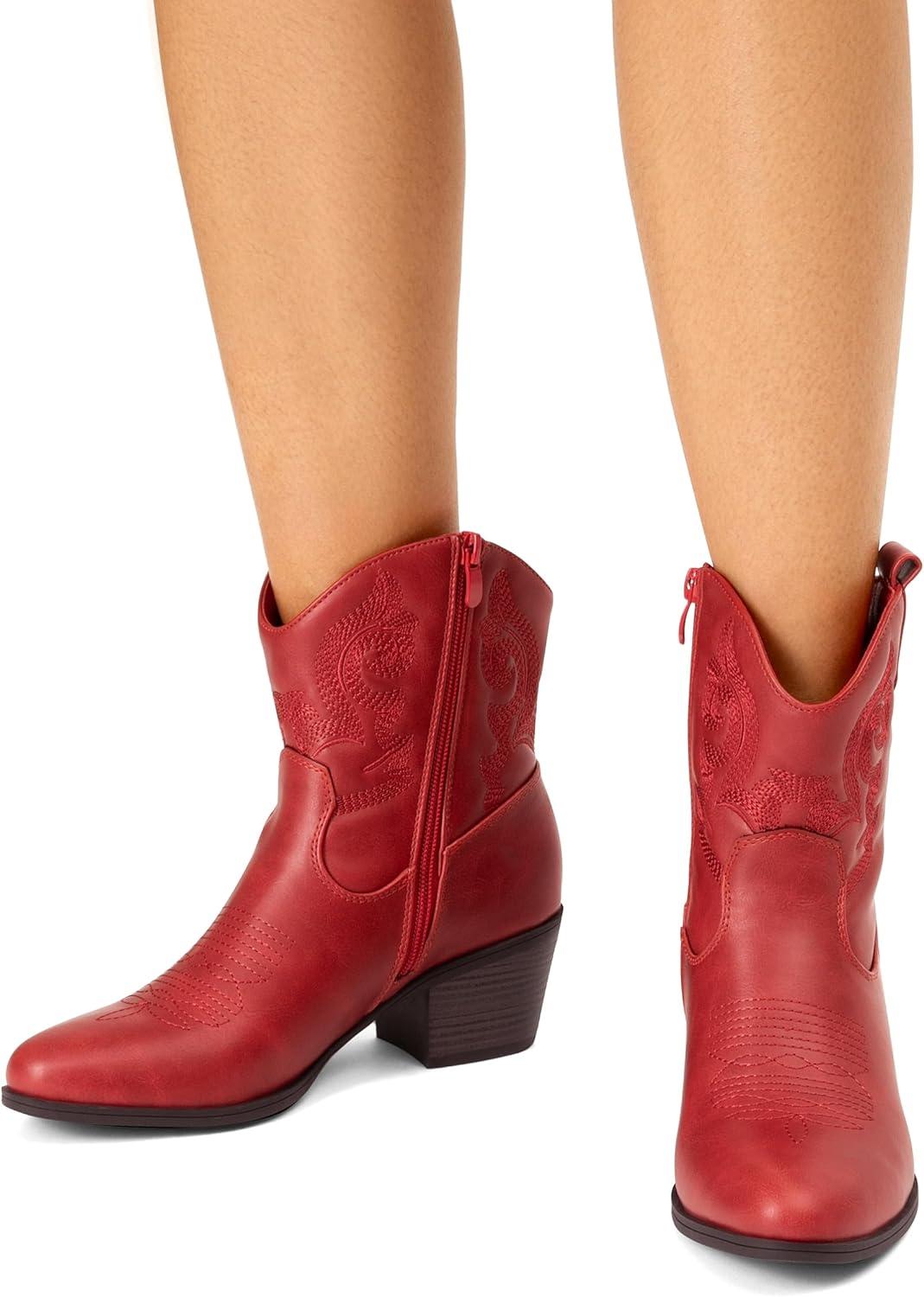 imageDREAM PAIRS Womens Western Cowboy Cowgirl Embroidered Ankle Boots Fashion Low chunky Heel Round Toe Fall Short Booties ShoesRed