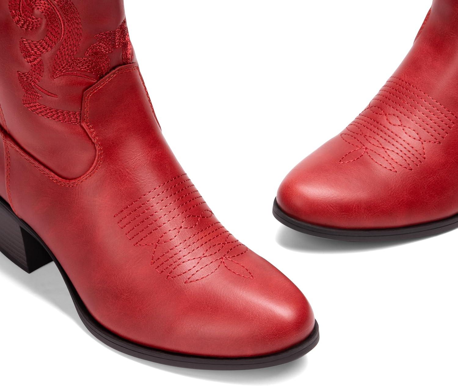 imageDREAM PAIRS Womens Western Cowboy Cowgirl Embroidered Ankle Boots Fashion Low chunky Heel Round Toe Fall Short Booties ShoesRed