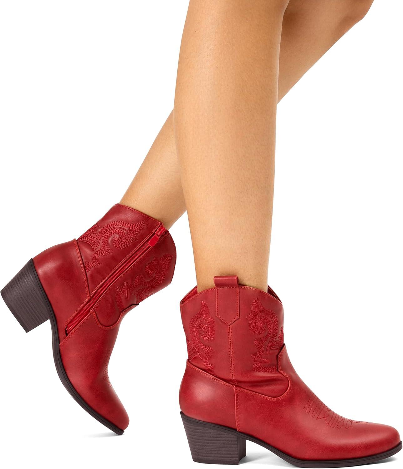 imageDREAM PAIRS Womens Western Cowboy Cowgirl Embroidered Ankle Boots Fashion Low chunky Heel Round Toe Fall Short Booties ShoesRed