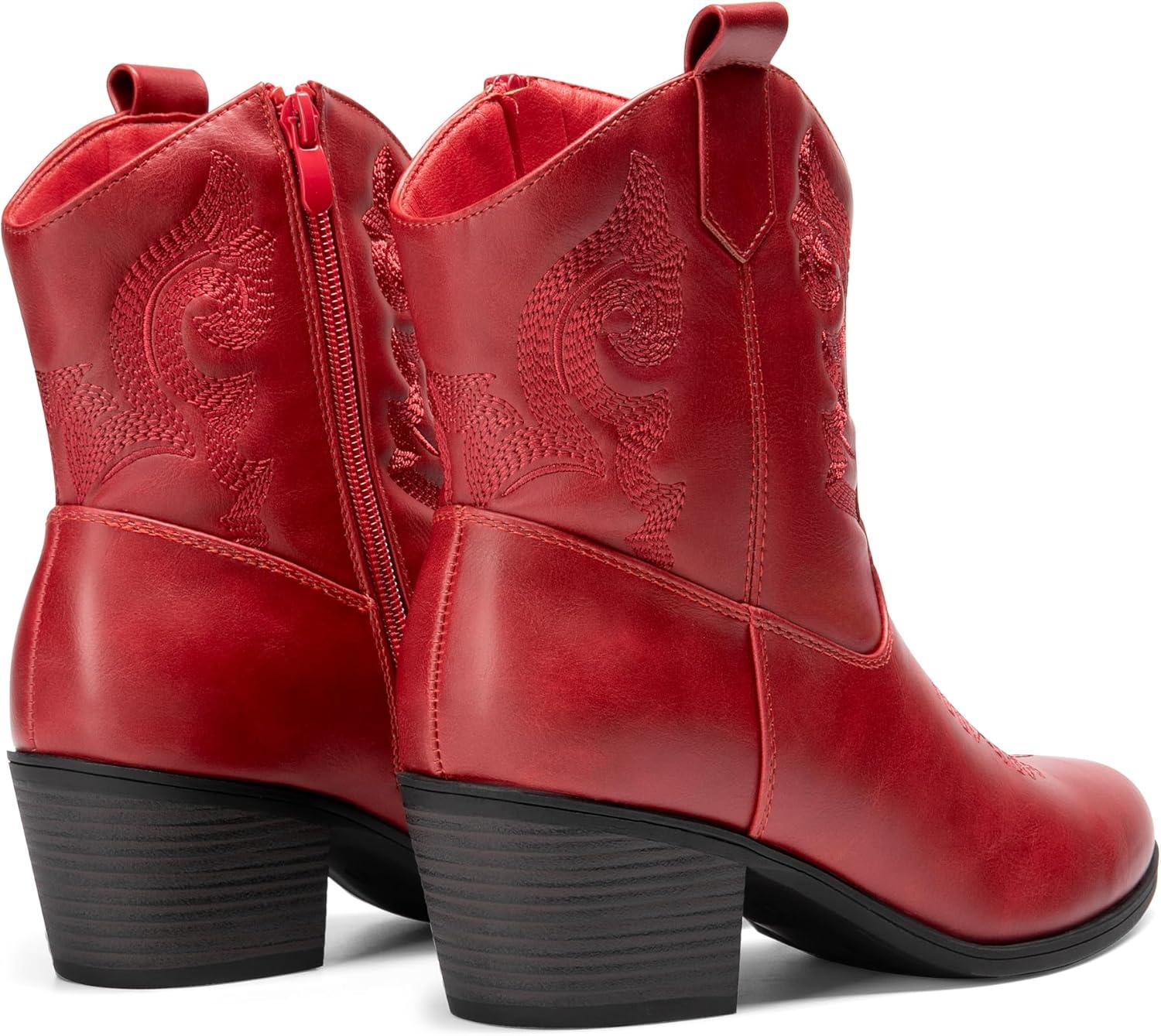 imageDREAM PAIRS Womens Western Cowboy Cowgirl Embroidered Ankle Boots Fashion Low chunky Heel Round Toe Fall Short Booties ShoesRed