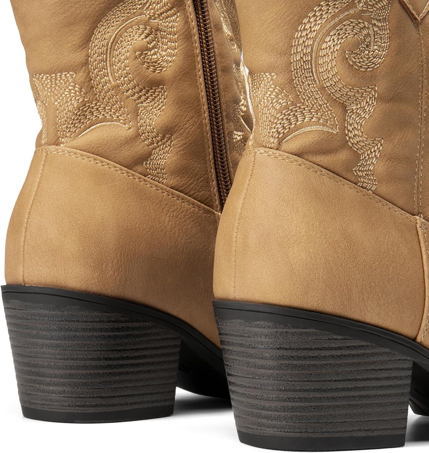 imageDREAM PAIRS Womens Western Cowboy Cowgirl Embroidered Ankle Boots Fashion Low chunky Heel Round Toe Fall Short Booties ShoesTan