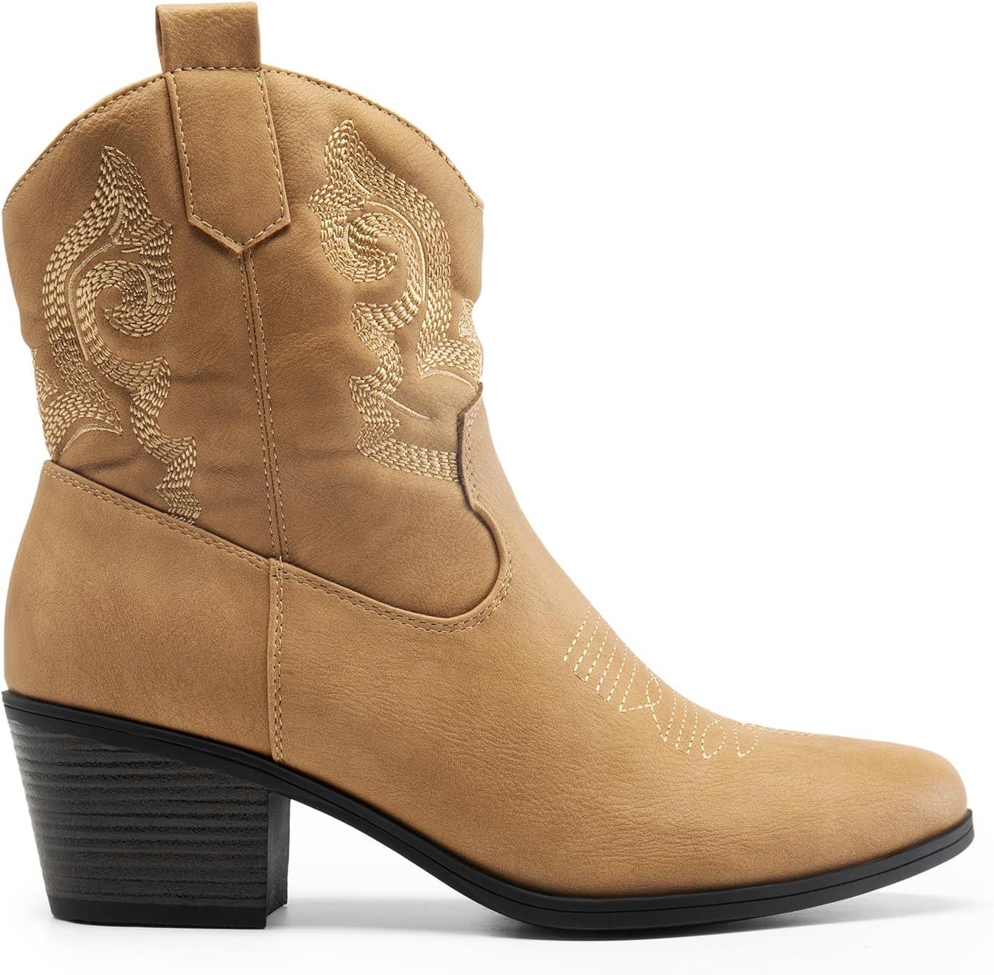 imageDREAM PAIRS Womens Western Cowboy Cowgirl Embroidered Ankle Boots Fashion Low chunky Heel Round Toe Fall Short Booties ShoesTan