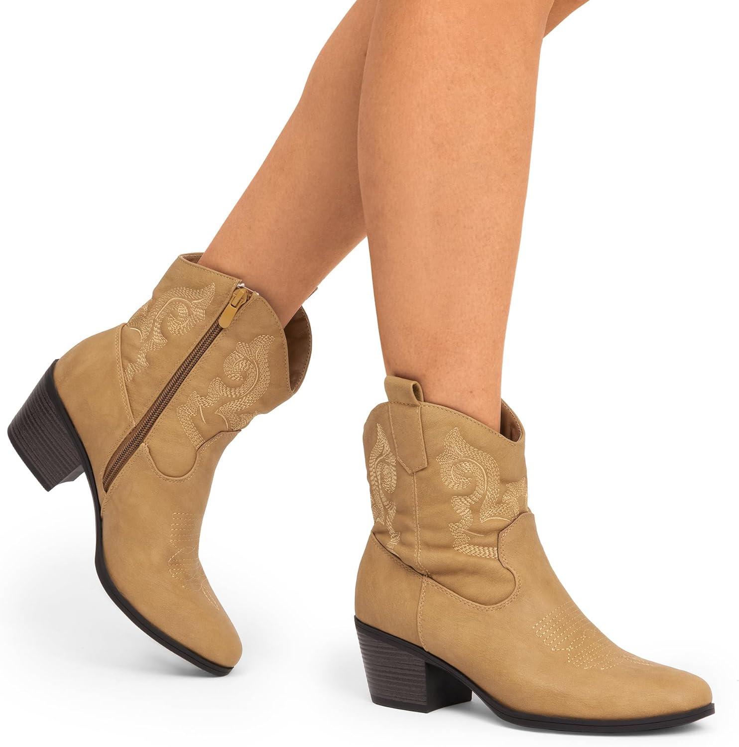 imageDREAM PAIRS Womens Western Cowboy Cowgirl Embroidered Ankle Boots Fashion Low chunky Heel Round Toe Fall Short Booties ShoesTan