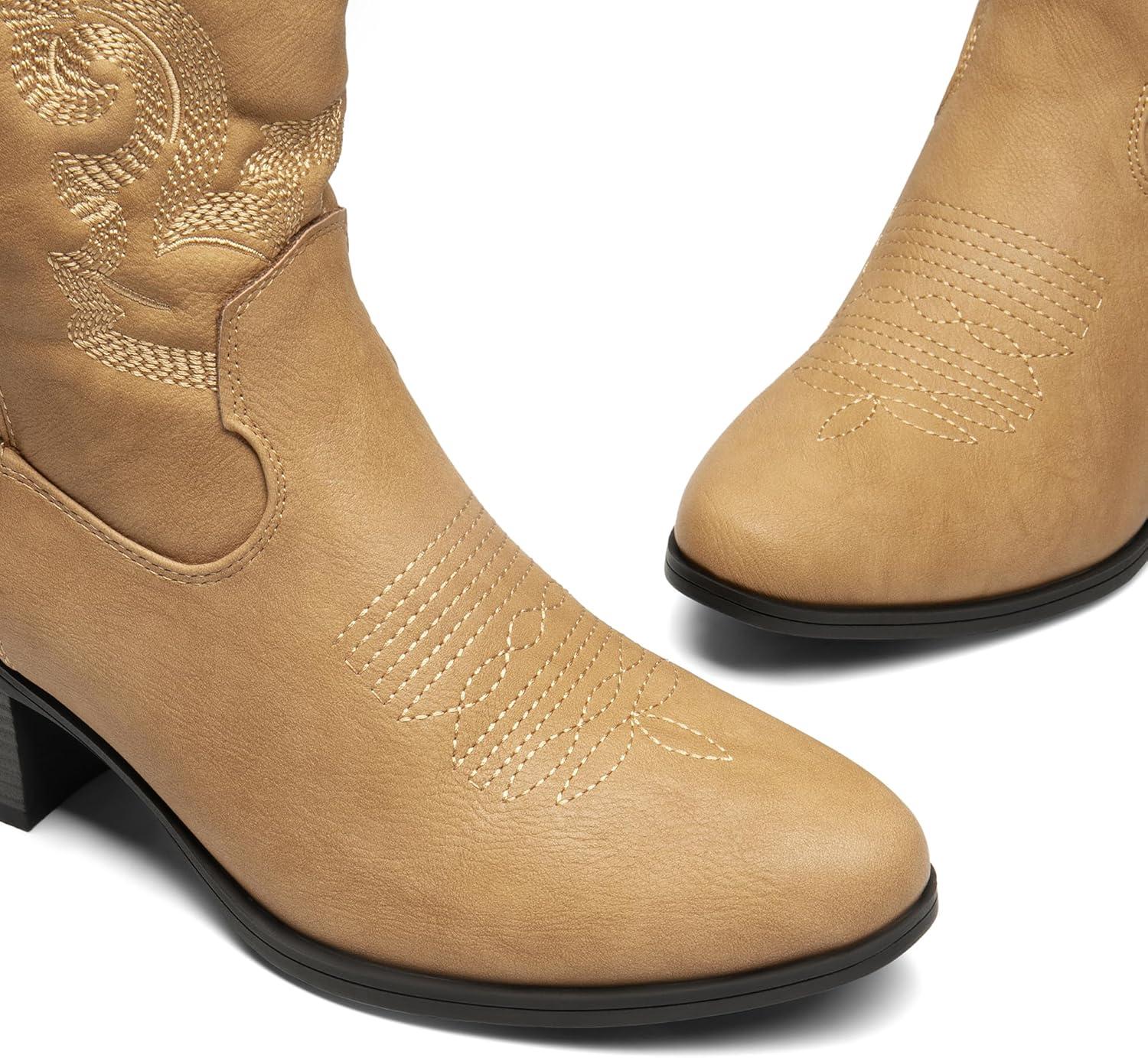 imageDREAM PAIRS Womens Western Cowboy Cowgirl Embroidered Ankle Boots Fashion Low chunky Heel Round Toe Fall Short Booties ShoesTan
