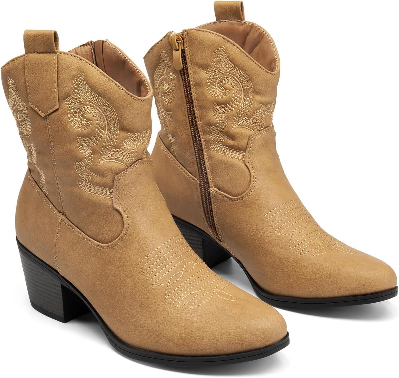 imageDREAM PAIRS Womens Western Cowboy Cowgirl Embroidered Ankle Boots Fashion Low chunky Heel Round Toe Fall Short Booties ShoesTan