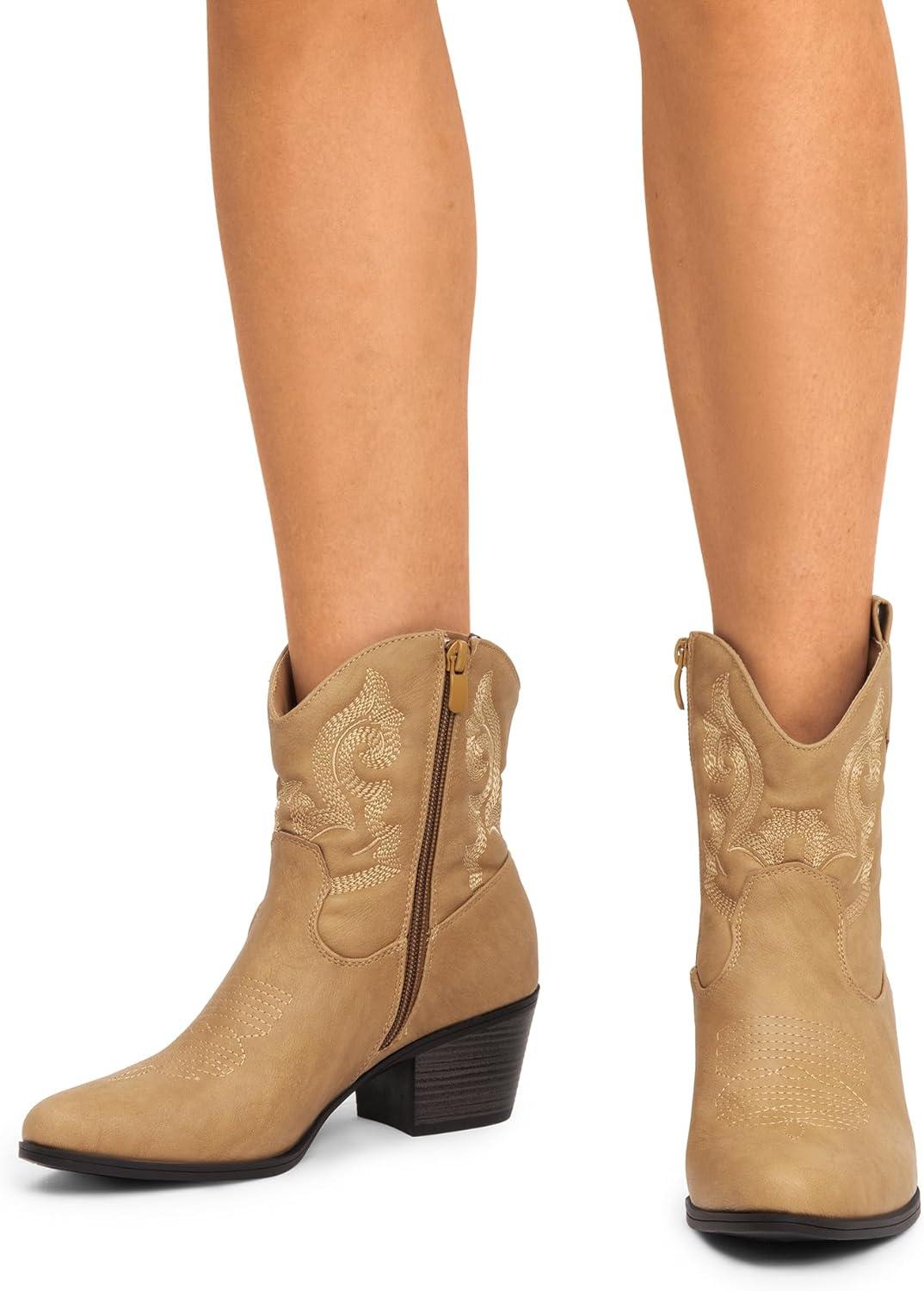 imageDREAM PAIRS Womens Western Cowboy Cowgirl Embroidered Ankle Boots Fashion Low chunky Heel Round Toe Fall Short Booties ShoesTan