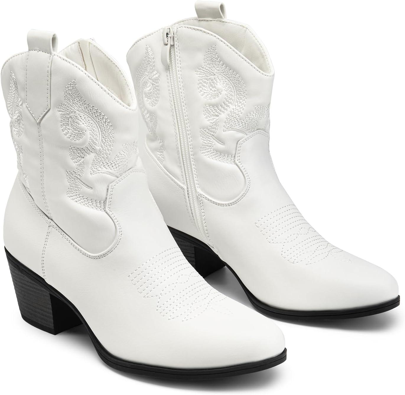 imageDREAM PAIRS Womens Western Cowboy Cowgirl Embroidered Ankle Boots Fashion Low chunky Heel Round Toe Fall Short Booties ShoesWhite