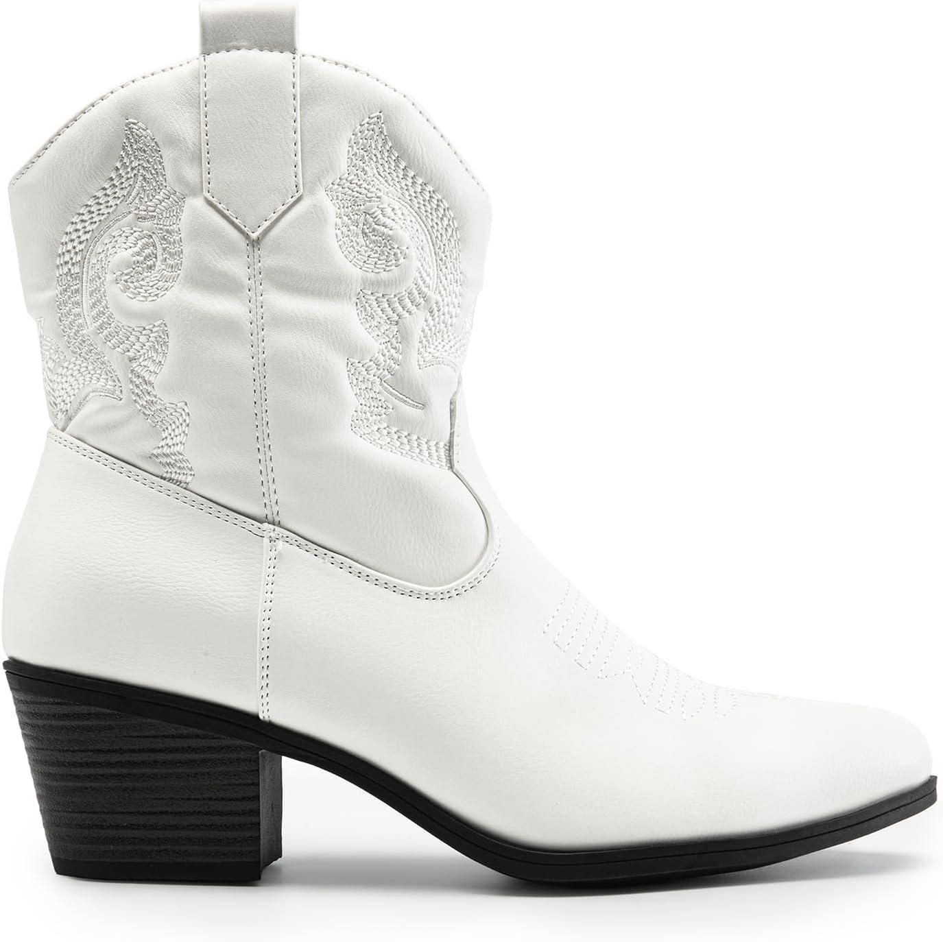 imageDREAM PAIRS Womens Western Cowboy Cowgirl Embroidered Ankle Boots Fashion Low chunky Heel Round Toe Fall Short Booties ShoesWhite