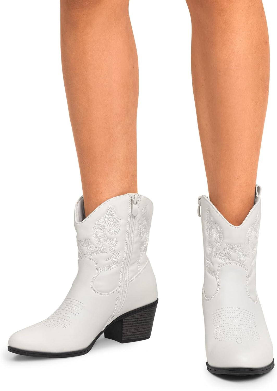 imageDREAM PAIRS Womens Western Cowboy Cowgirl Embroidered Ankle Boots Fashion Low chunky Heel Round Toe Fall Short Booties ShoesWhite