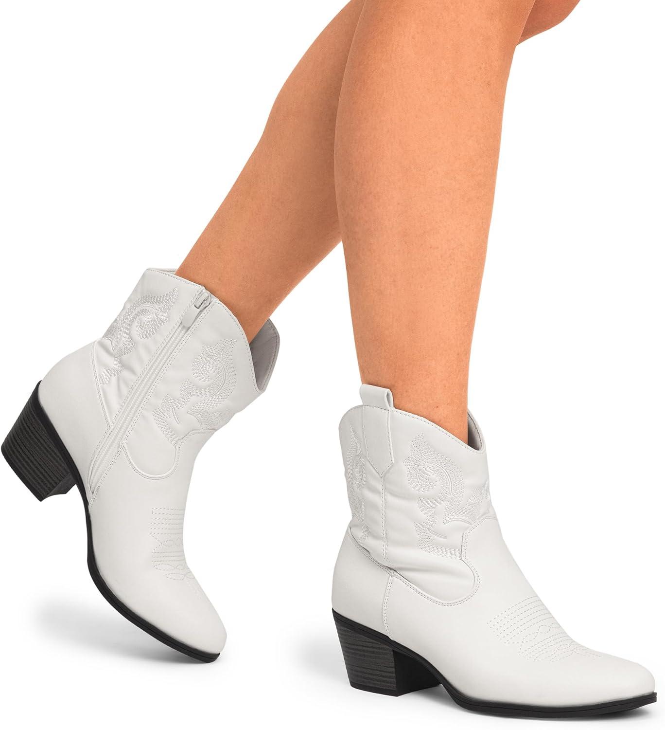 imageDREAM PAIRS Womens Western Cowboy Cowgirl Embroidered Ankle Boots Fashion Low chunky Heel Round Toe Fall Short Booties ShoesWhite