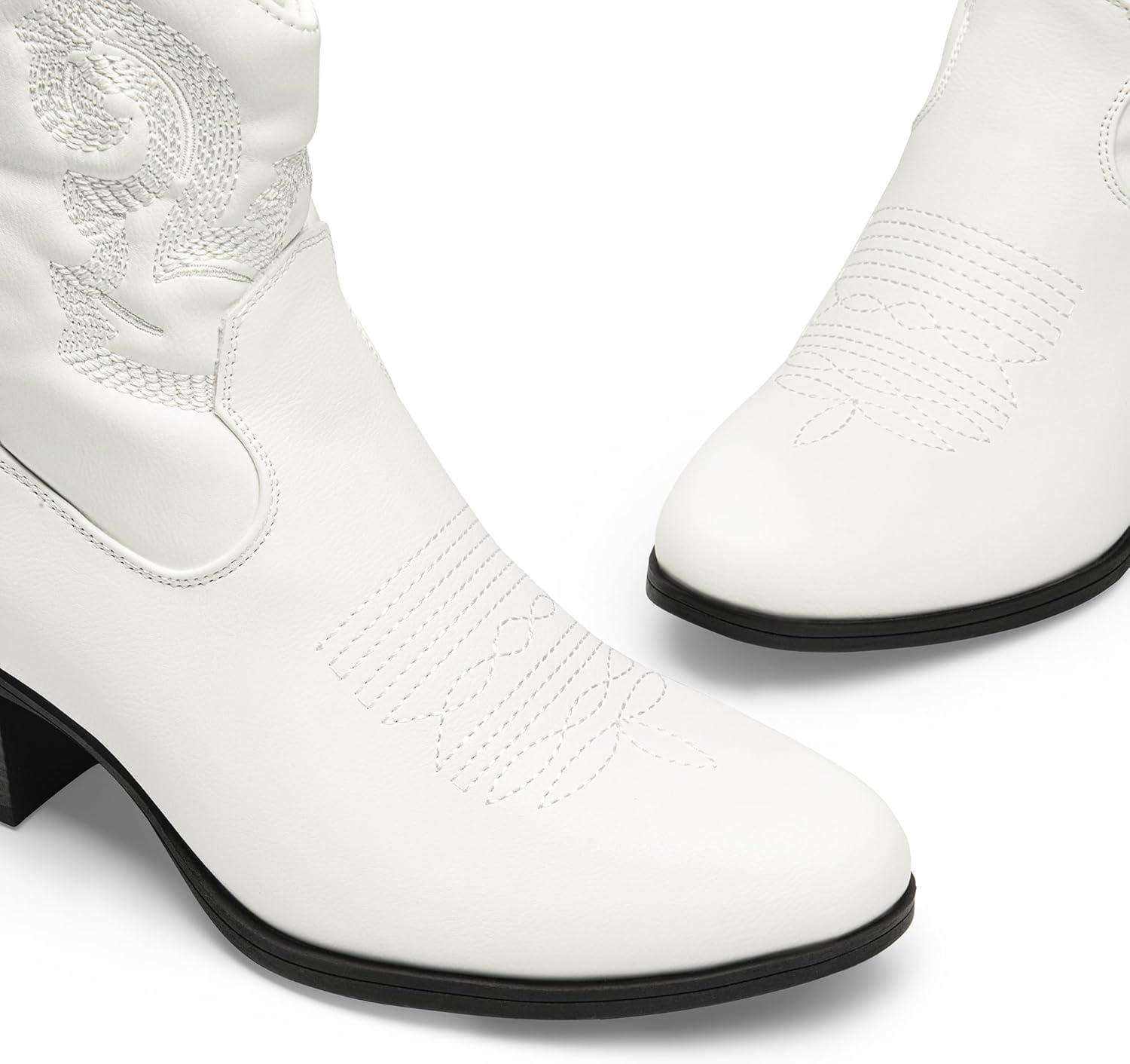 imageDREAM PAIRS Womens Western Cowboy Cowgirl Embroidered Ankle Boots Fashion Low chunky Heel Round Toe Fall Short Booties ShoesWhite