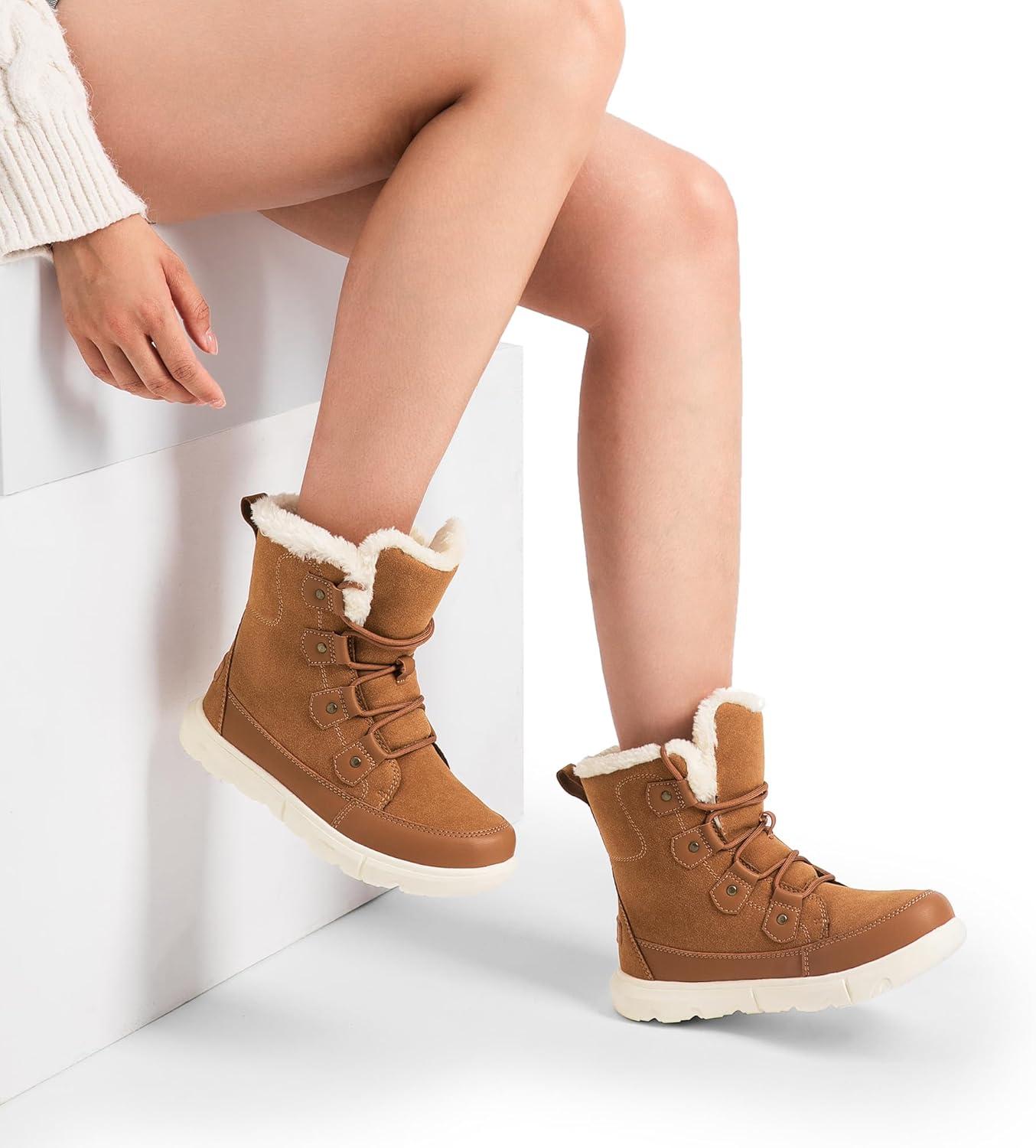 imageDREAM PAIRS Womens Winter Boots Cozy Faux Fur AntiSlip Snow Boots Lace Up Comfort Stylish Ankle Booties for Cold Weather City WalkTan