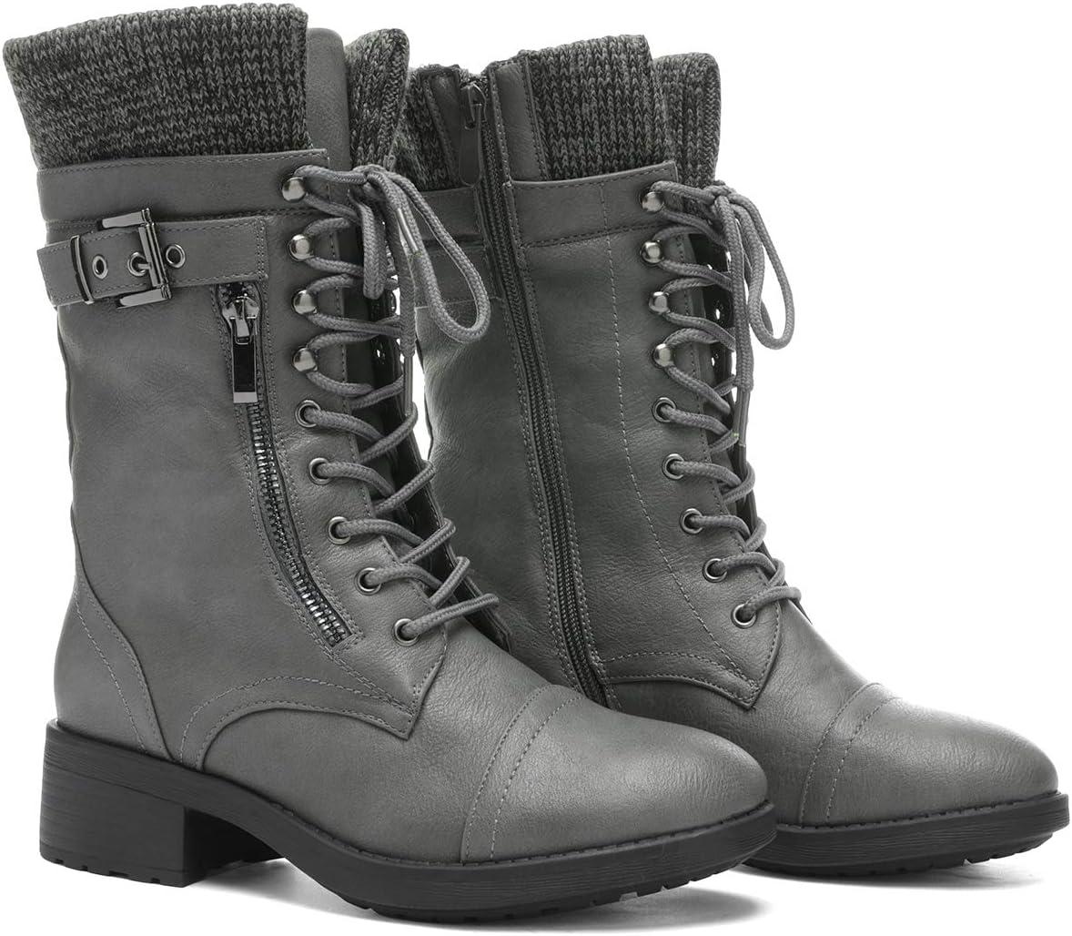 imageDREAM PAIRS Womens Winter Lace up Mid Calf Combat Riding Military BootsAmazongrey