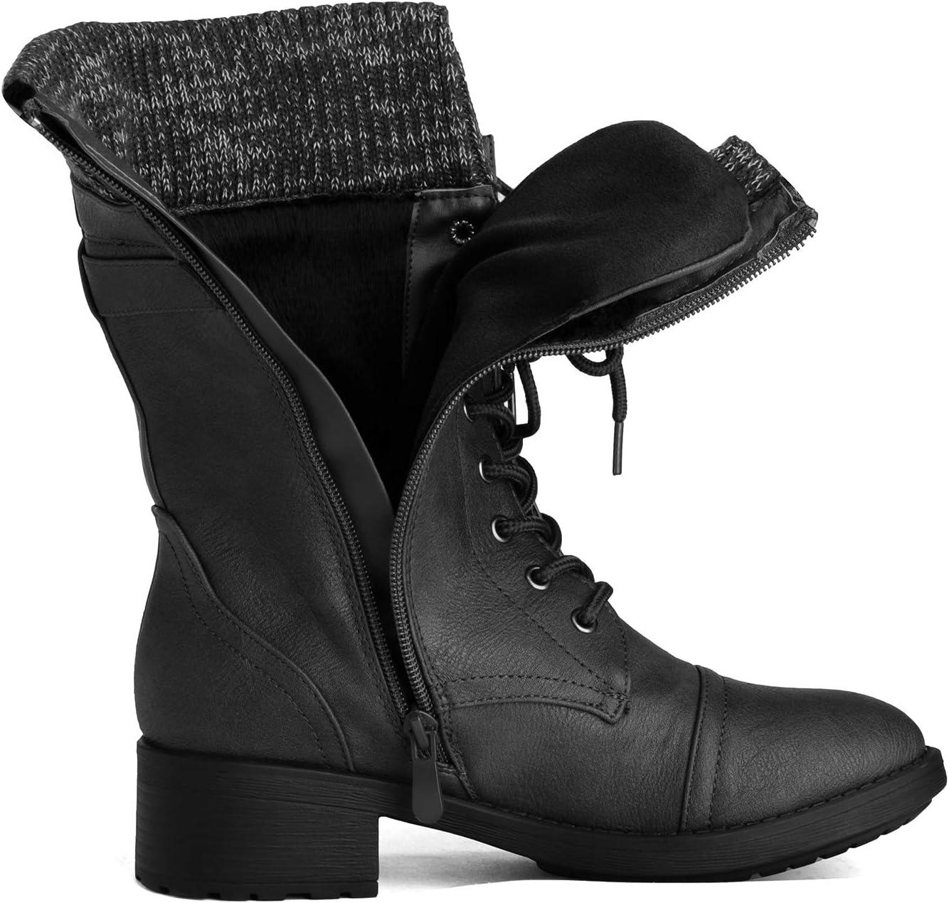 imageDREAM PAIRS Womens Winter Lace up Mid Calf Combat Riding Military BootsBlack