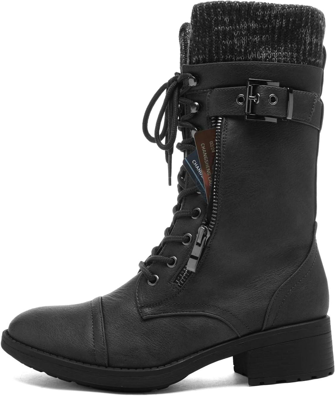 imageDREAM PAIRS Womens Winter Lace up Mid Calf Combat Riding Military BootsBlack