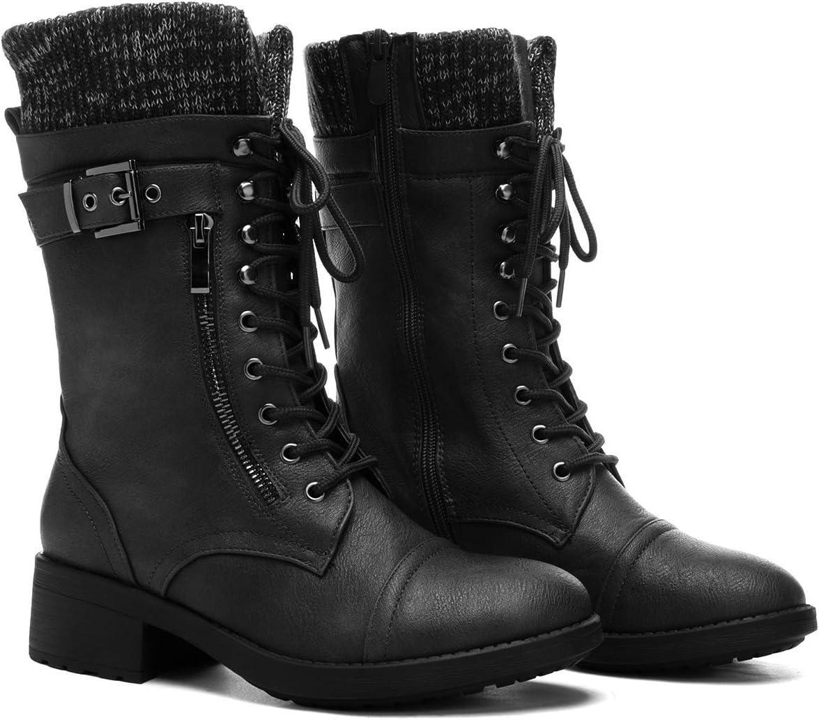 imageDREAM PAIRS Womens Winter Lace up Mid Calf Combat Riding Military BootsBlack
