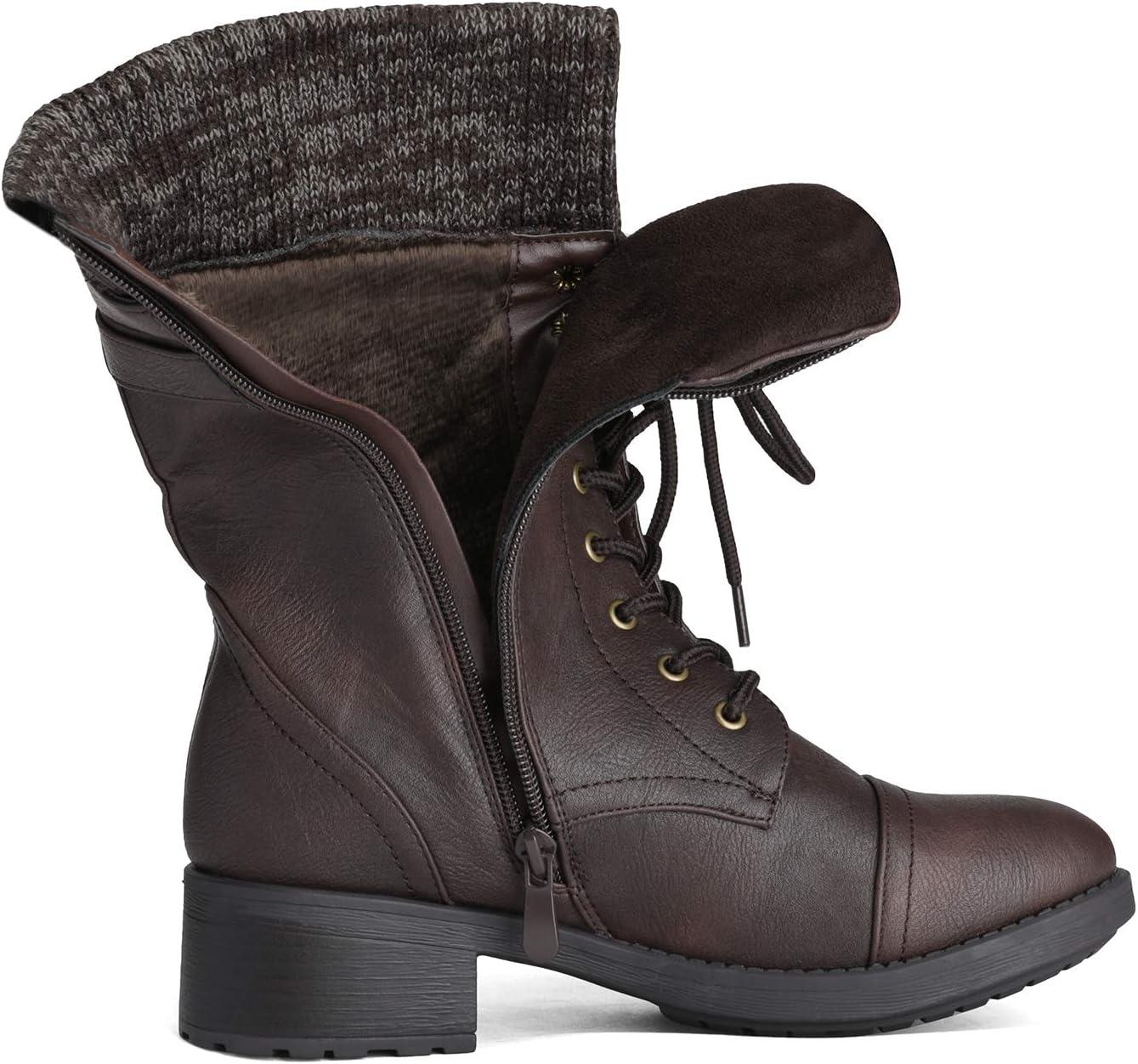 imageDREAM PAIRS Womens Winter Lace up Mid Calf Combat Riding Military BootsBrown
