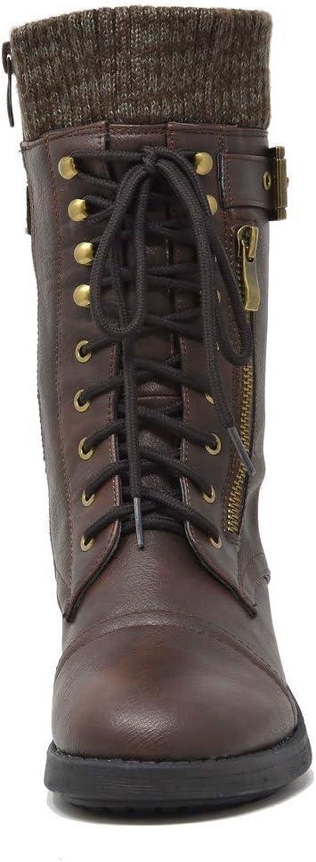 imageDREAM PAIRS Womens Winter Lace up Mid Calf Combat Riding Military BootsBrown