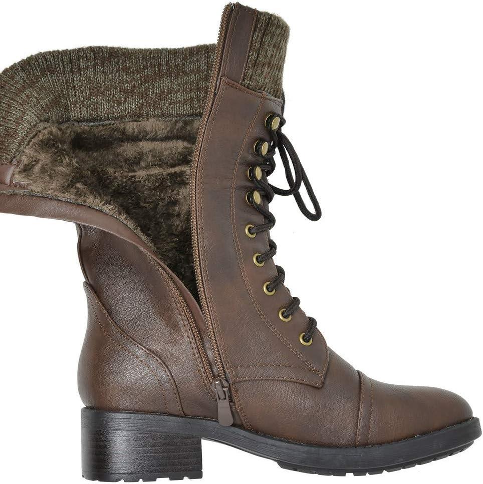 imageDREAM PAIRS Womens Winter Lace up Mid Calf Combat Riding Military BootsBrown