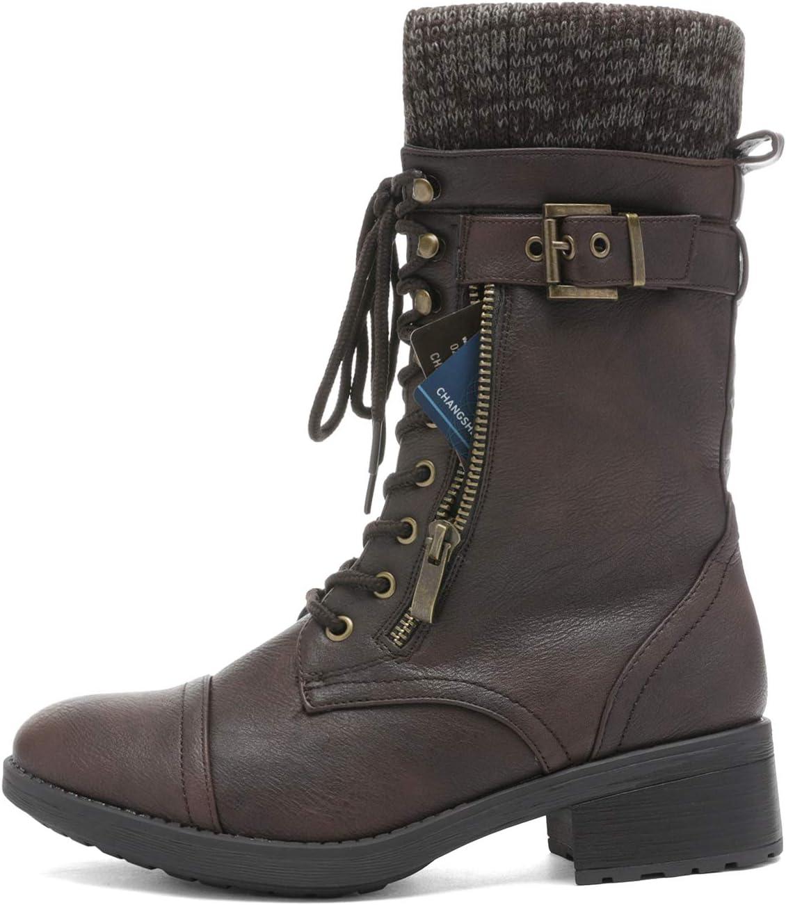 imageDREAM PAIRS Womens Winter Lace up Mid Calf Combat Riding Military BootsBrown