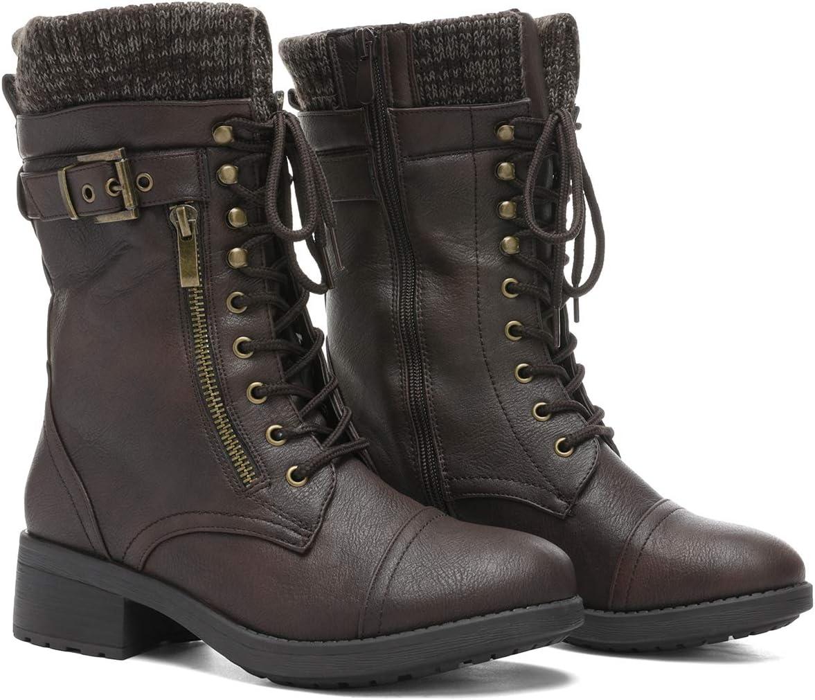 imageDREAM PAIRS Womens Winter Lace up Mid Calf Combat Riding Military BootsBrown