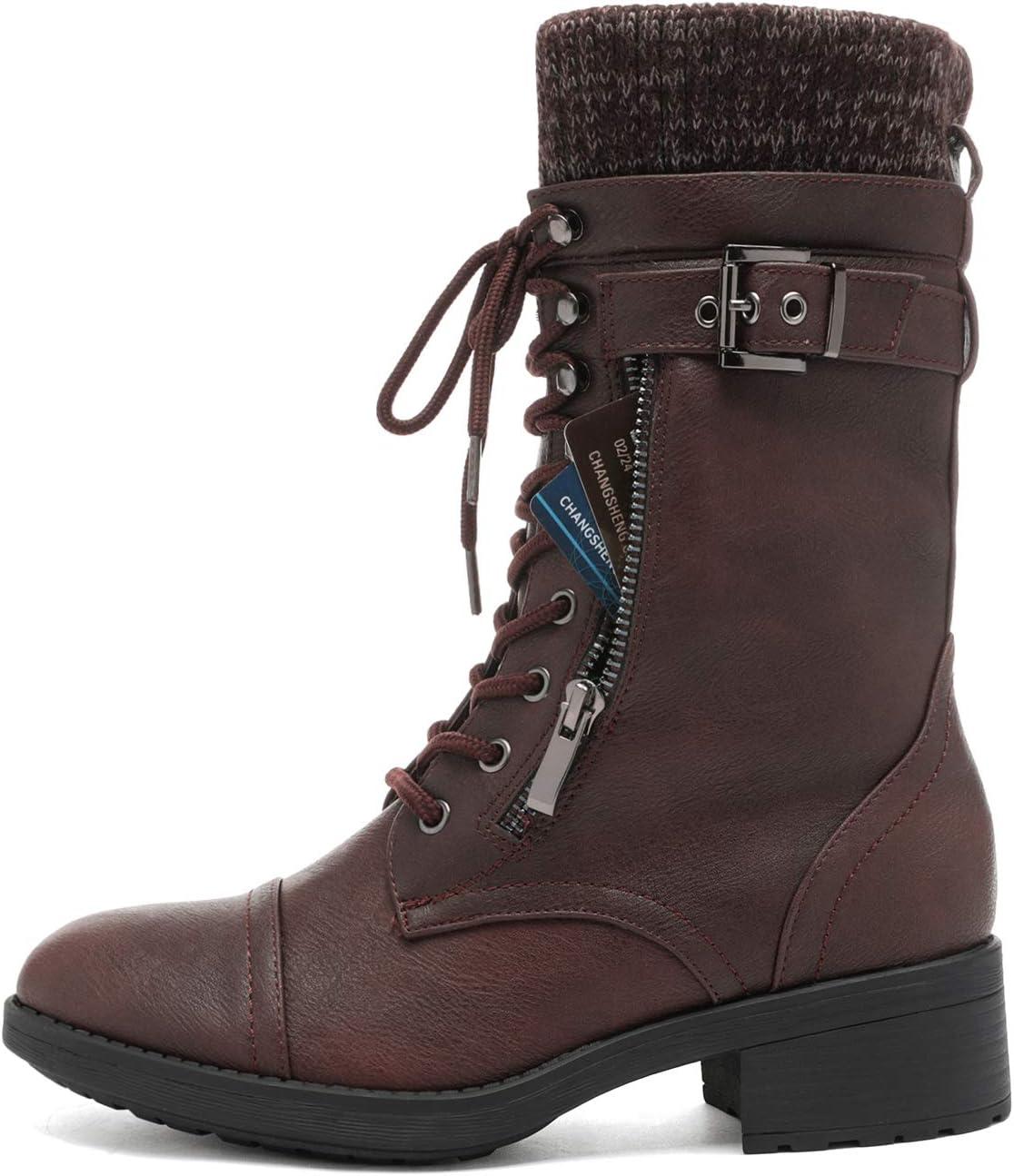 imageDREAM PAIRS Womens Winter Lace up Mid Calf Combat Riding Military BootsBurgundy