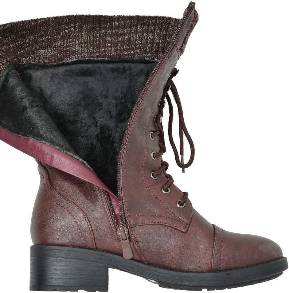imageDREAM PAIRS Womens Winter Lace up Mid Calf Combat Riding Military BootsBurgundy