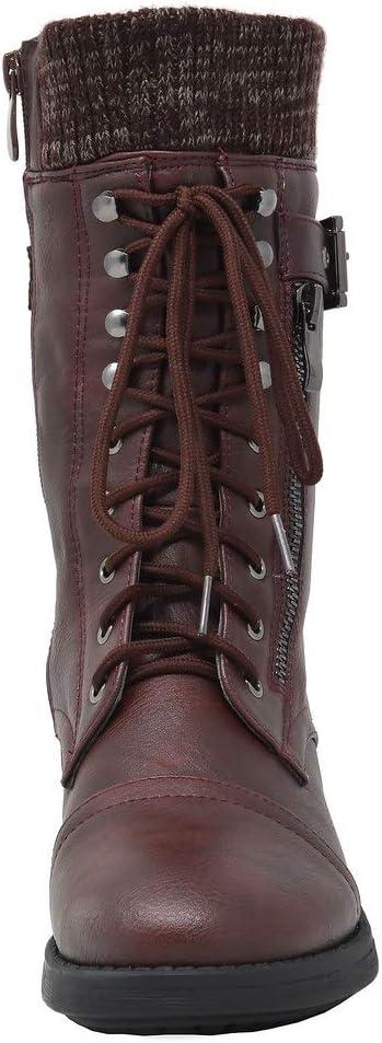 imageDREAM PAIRS Womens Winter Lace up Mid Calf Combat Riding Military BootsBurgundy