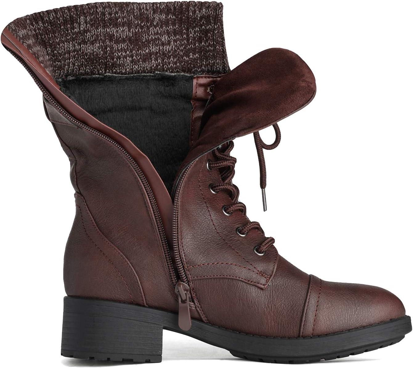 imageDREAM PAIRS Womens Winter Lace up Mid Calf Combat Riding Military BootsBurgundy