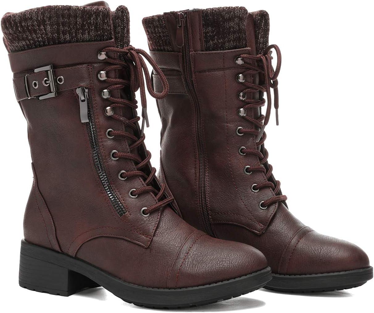 imageDREAM PAIRS Womens Winter Lace up Mid Calf Combat Riding Military BootsBurgundy