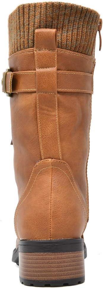 imageDREAM PAIRS Womens Winter Lace up Mid Calf Combat Riding Military BootsCamel