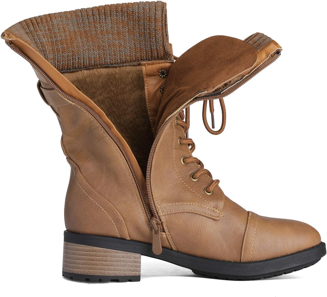 imageDREAM PAIRS Womens Winter Lace up Mid Calf Combat Riding Military BootsCamel