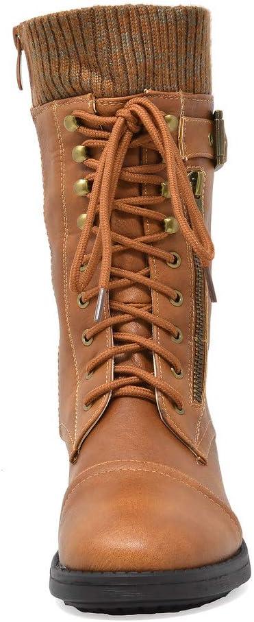 imageDREAM PAIRS Womens Winter Lace up Mid Calf Combat Riding Military BootsCamel