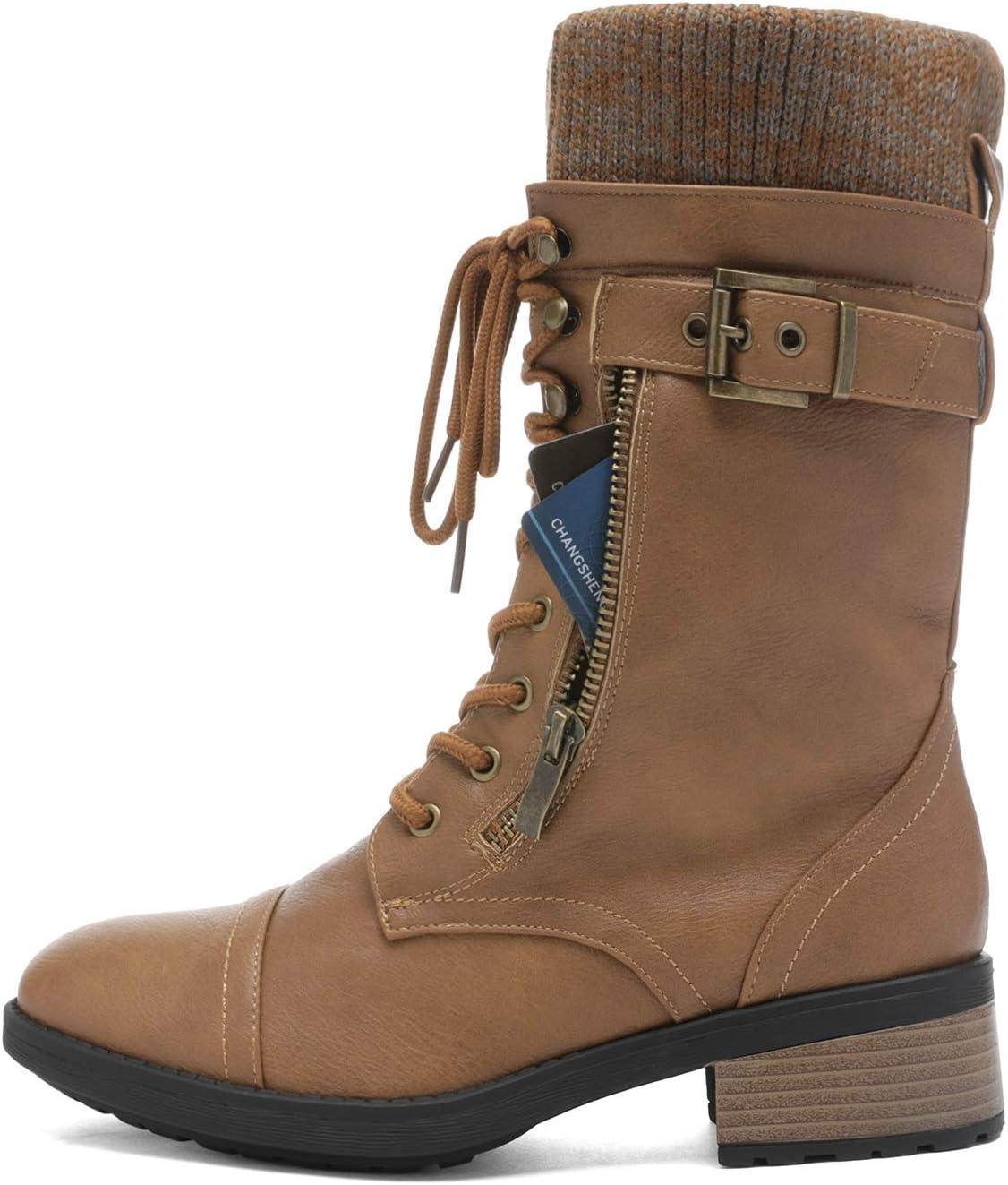 imageDREAM PAIRS Womens Winter Lace up Mid Calf Combat Riding Military BootsCamel