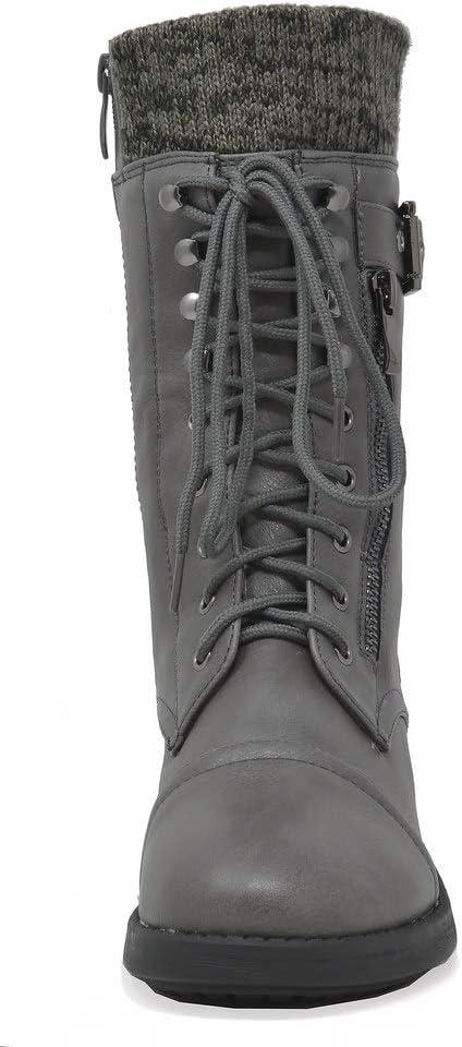 imageDREAM PAIRS Womens Winter Lace up Mid Calf Combat Riding Military BootsGrey