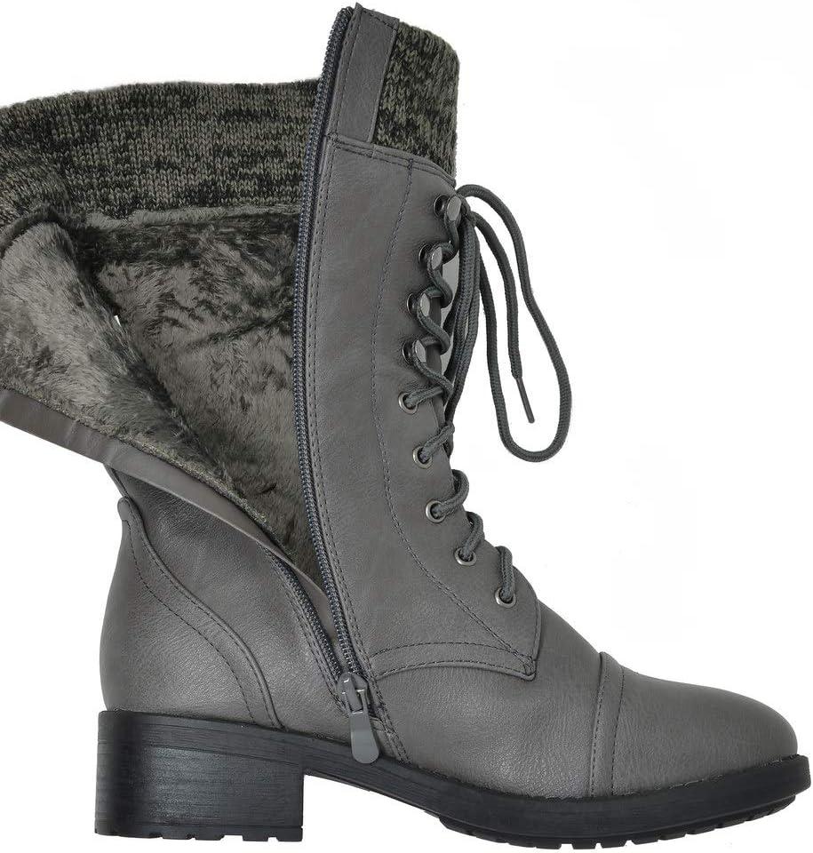imageDREAM PAIRS Womens Winter Lace up Mid Calf Combat Riding Military BootsGrey