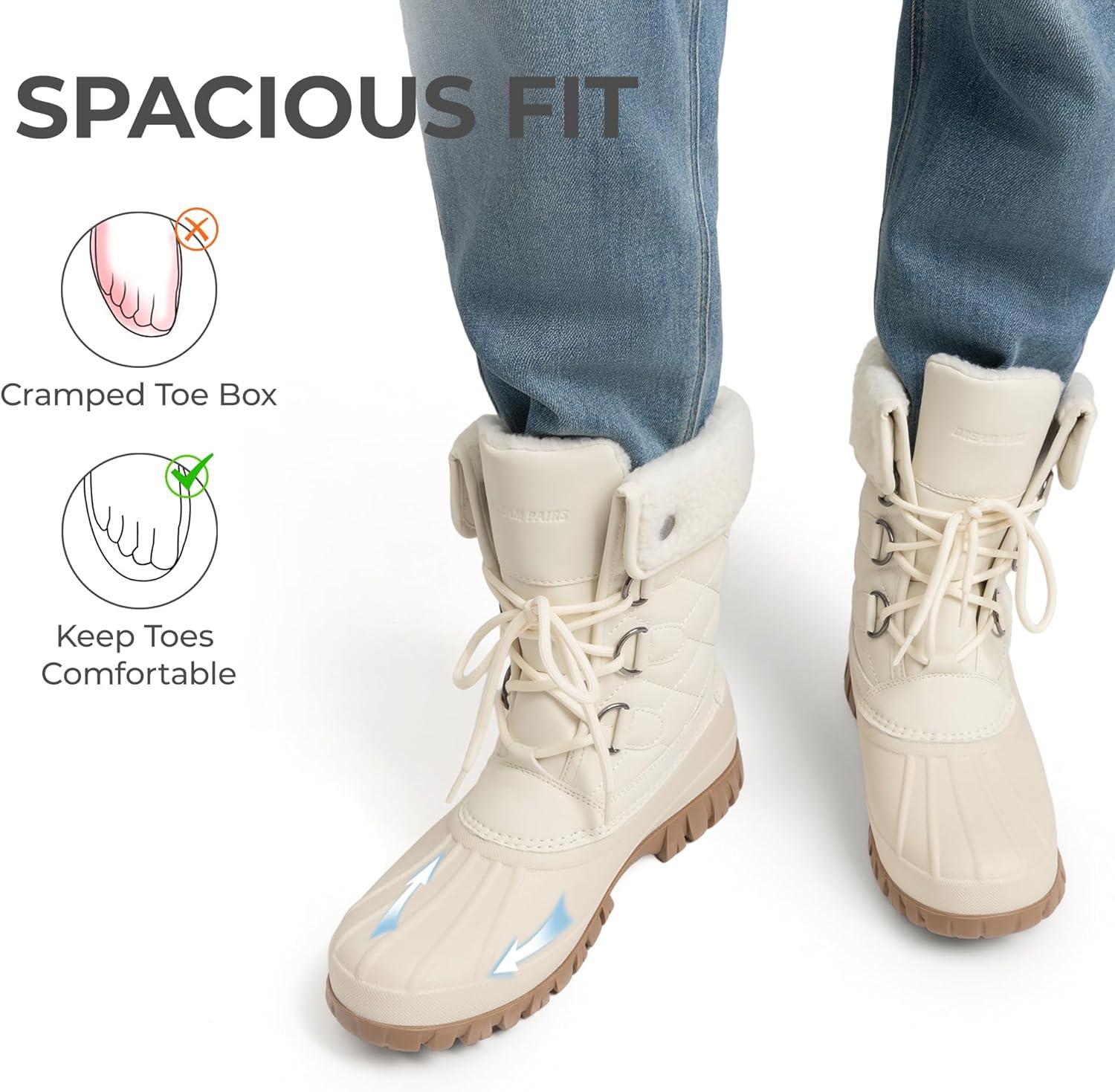 imageDREAM PAIRS Womens Winter Snow Duck BootsWaterproof Mid Calf Antislip Stability Lace Up Faux Fur Lining Warm Cozy Boots Outdoor Supportive InsoleBeige