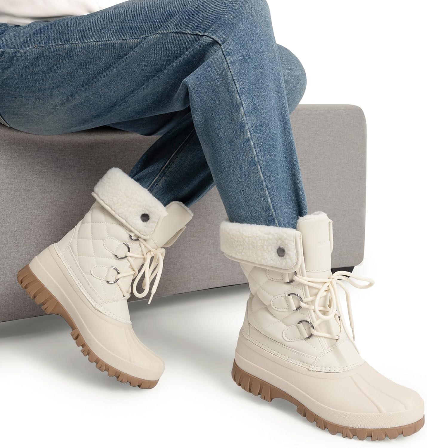 imageDREAM PAIRS Womens Winter Snow Duck BootsWaterproof Mid Calf Antislip Stability Lace Up Faux Fur Lining Warm Cozy Boots Outdoor Supportive InsoleBeige