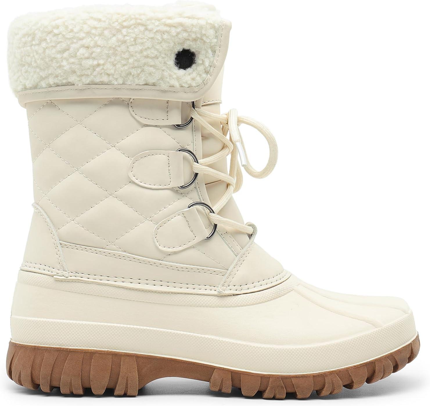 imageDREAM PAIRS Womens Winter Snow Duck BootsWaterproof Mid Calf Antislip Stability Lace Up Faux Fur Lining Warm Cozy Boots Outdoor Supportive InsoleBeige