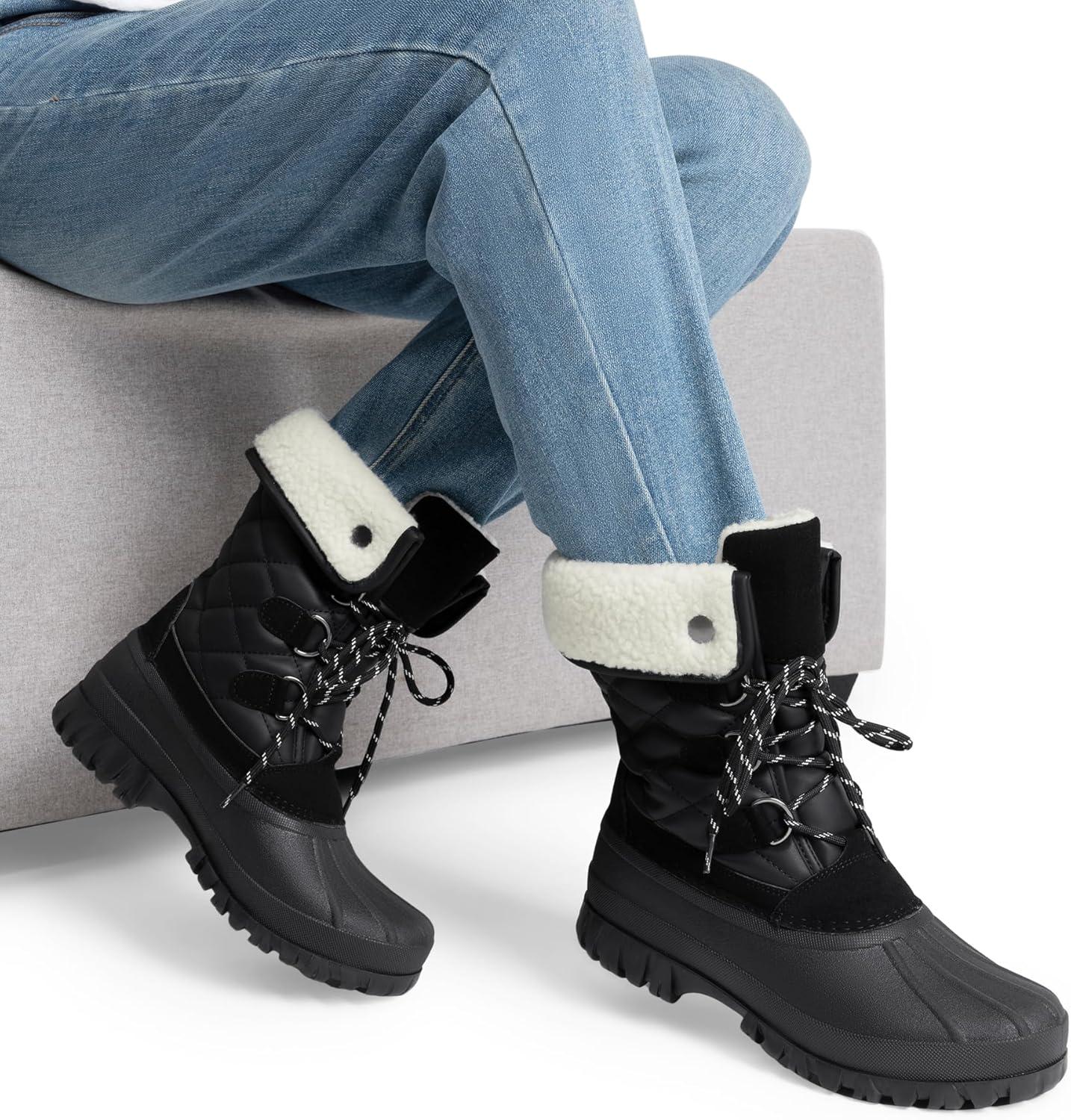 imageDREAM PAIRS Womens Winter Snow Duck BootsWaterproof Mid Calf Antislip Stability Lace Up Faux Fur Lining Warm Cozy Boots Outdoor Supportive InsoleBlack