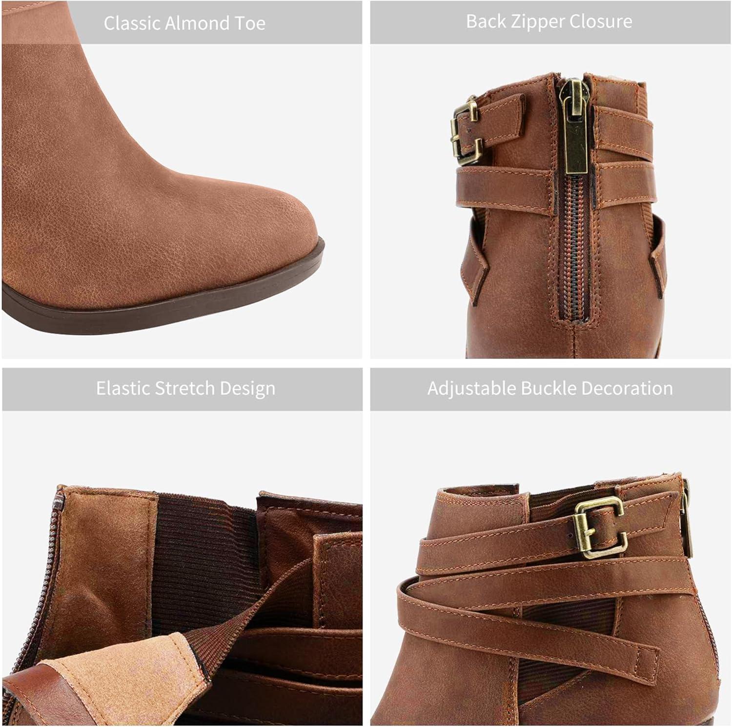 imageTOETOS Womens Chunky High Heel Ankle Boots Close Toe Fall Heeled Booties ShoesBrownpu