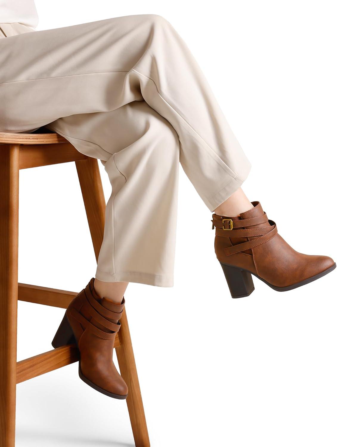 imageTOETOS Womens Chunky High Heel Ankle Boots Close Toe Fall Heeled Booties ShoesBrownpu
