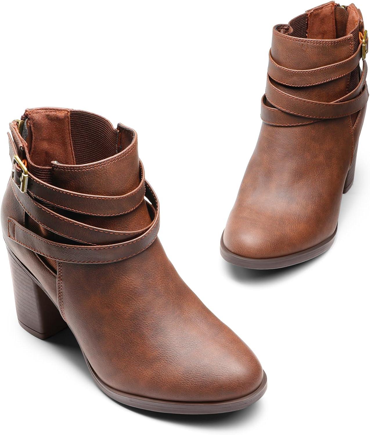 imageTOETOS Womens Chunky High Heel Ankle Boots Close Toe Fall Heeled Booties ShoesBrownpu