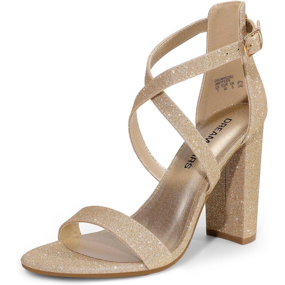 imageDREAM PAIRS 4 inch High Heels for Women Chunky Block Cross Strap Open Toe Dress Sandals for Wedding Bridal Evening Homecoming PromGold