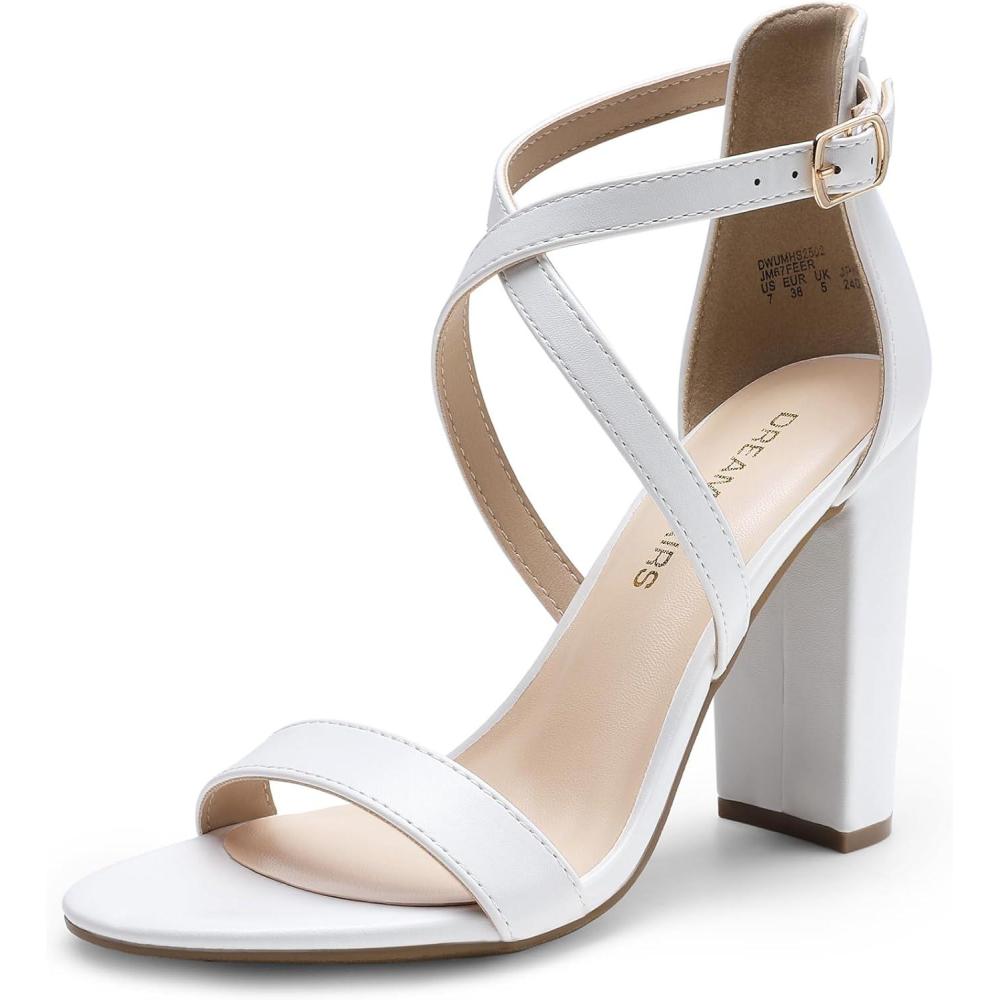 imageDREAM PAIRS 4 inch High Heels for Women Chunky Block Cross Strap Open Toe Dress Sandals for Wedding Bridal Evening Homecoming PromWhite