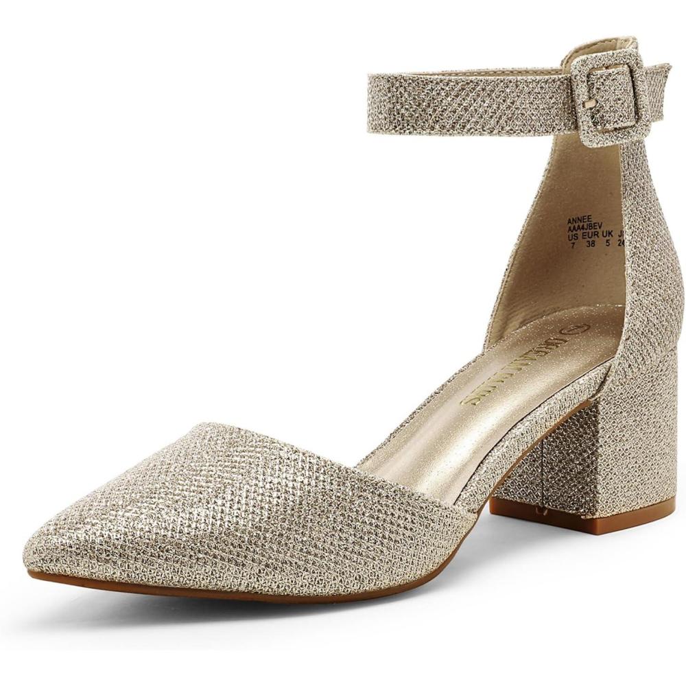 imageDREAM PAIRS ANNEE Pointed Toe Low Chunky Heels Pump ShoesGoldGlitter