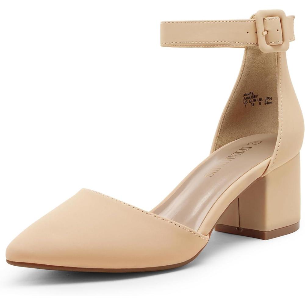 imageDREAM PAIRS ANNEE Pointed Toe Low Chunky Heels Pump ShoesNudeNubuck