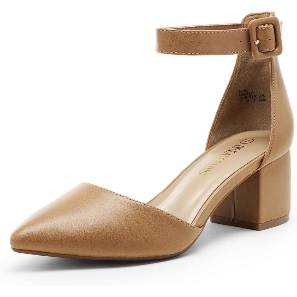 imageDREAM PAIRS ANNEE Pointed Toe Low Chunky Heels Pump ShoesNudePu