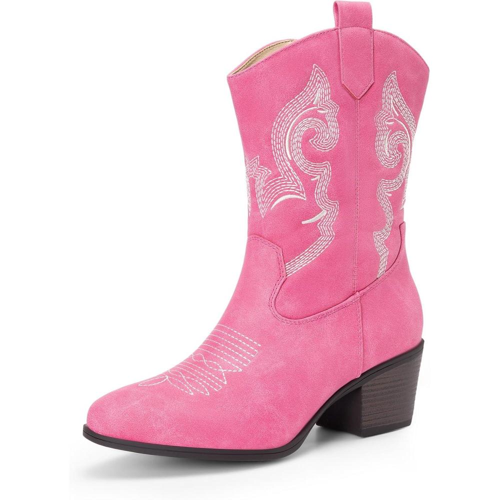 imageDREAM PAIRS Cowboy Boots for Women Mid Calf Cowgirl Boots with Embroidery Round Toe Western Chunky Low Heel ShoesPink